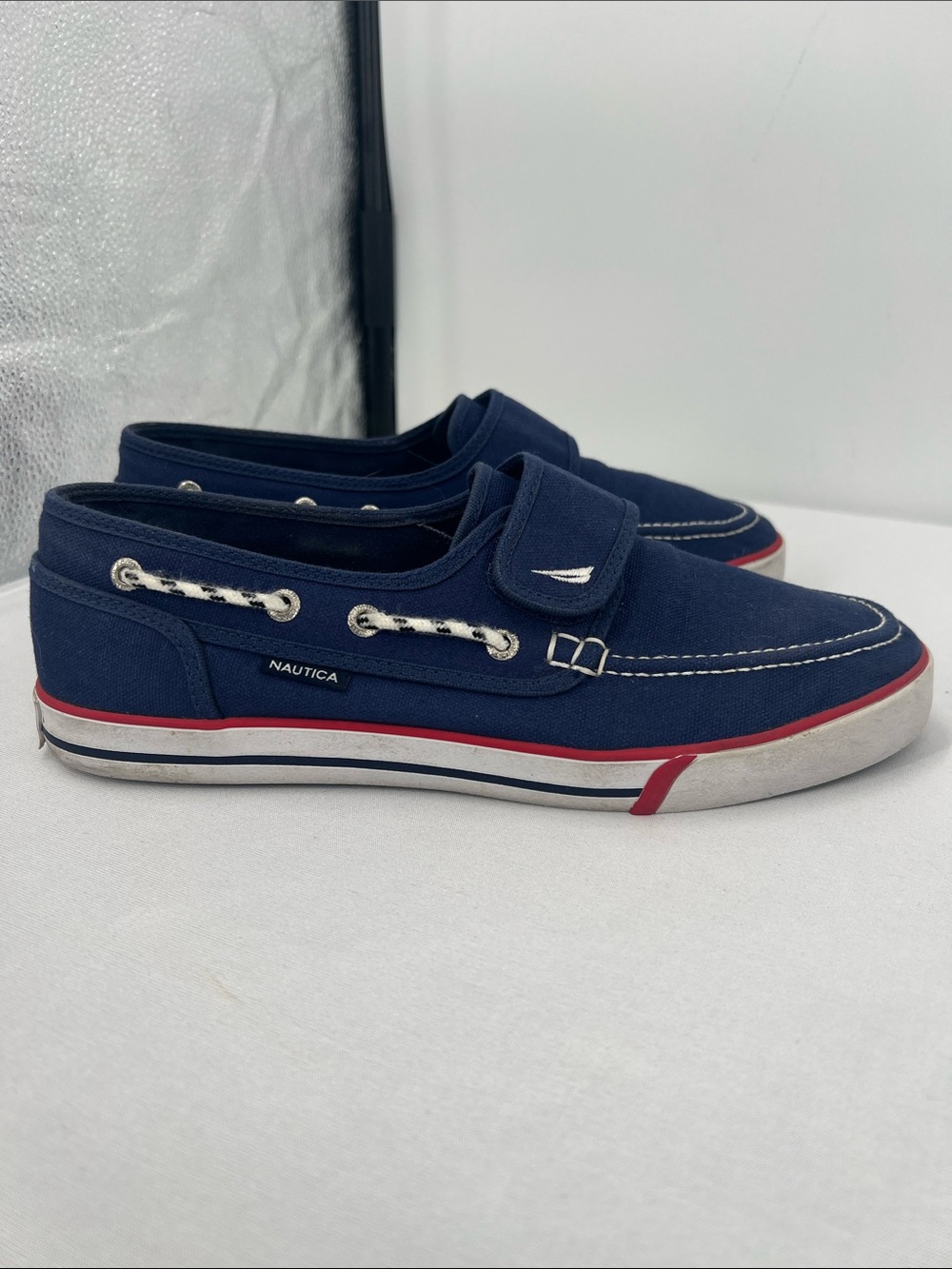 Nautica Navy Canvas Slip-On Boat Shoes with Red Accent - Picture 1 of 6